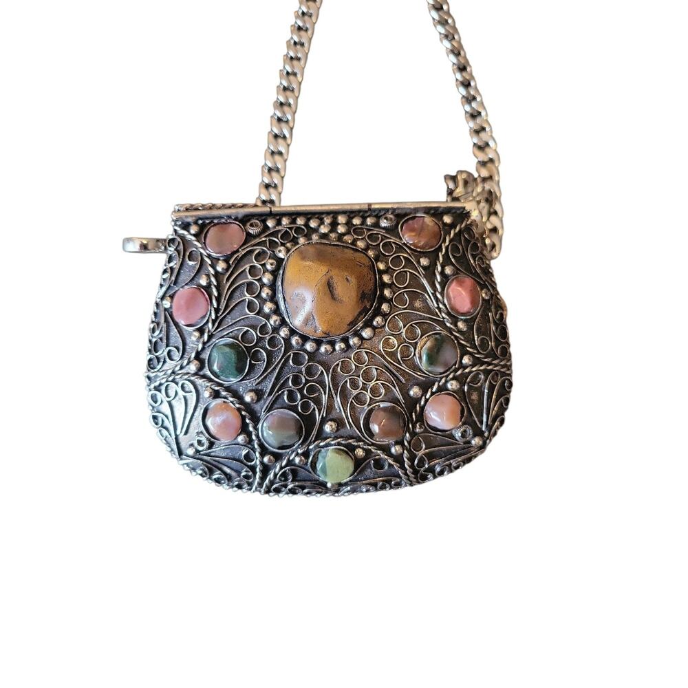 Vintage Sajai Metal Purse with Natural Agate Stones & Chain Strap - Picture 6 of 8